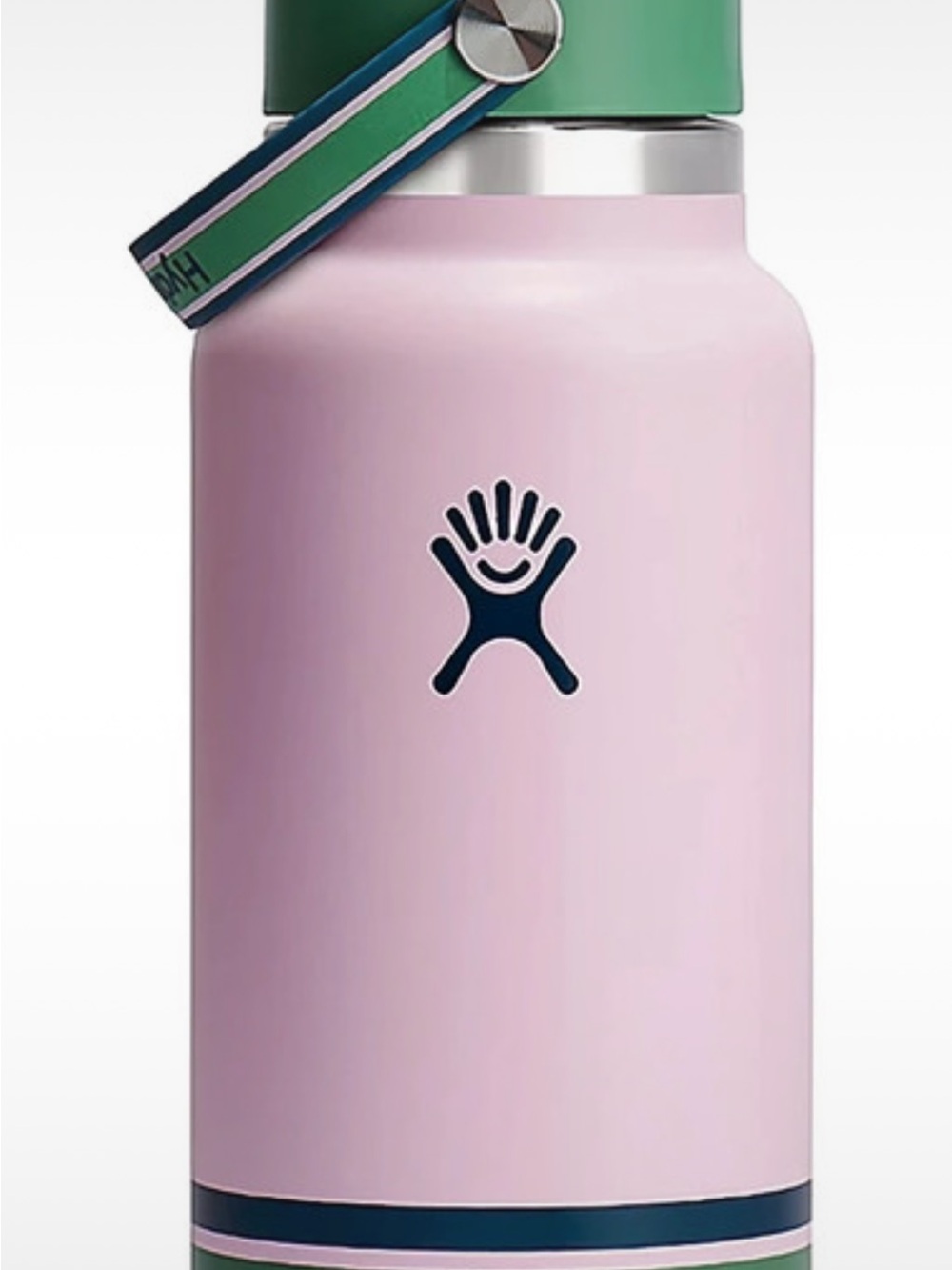 Hydro Flask Pink Bottle with Green Lid and Navy Accents